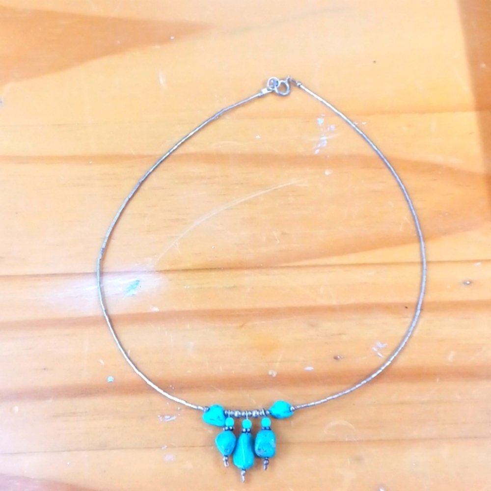 Woman's Real Liquid Silver Turquoise  Blue Stones  Necklace 16‎ Inch